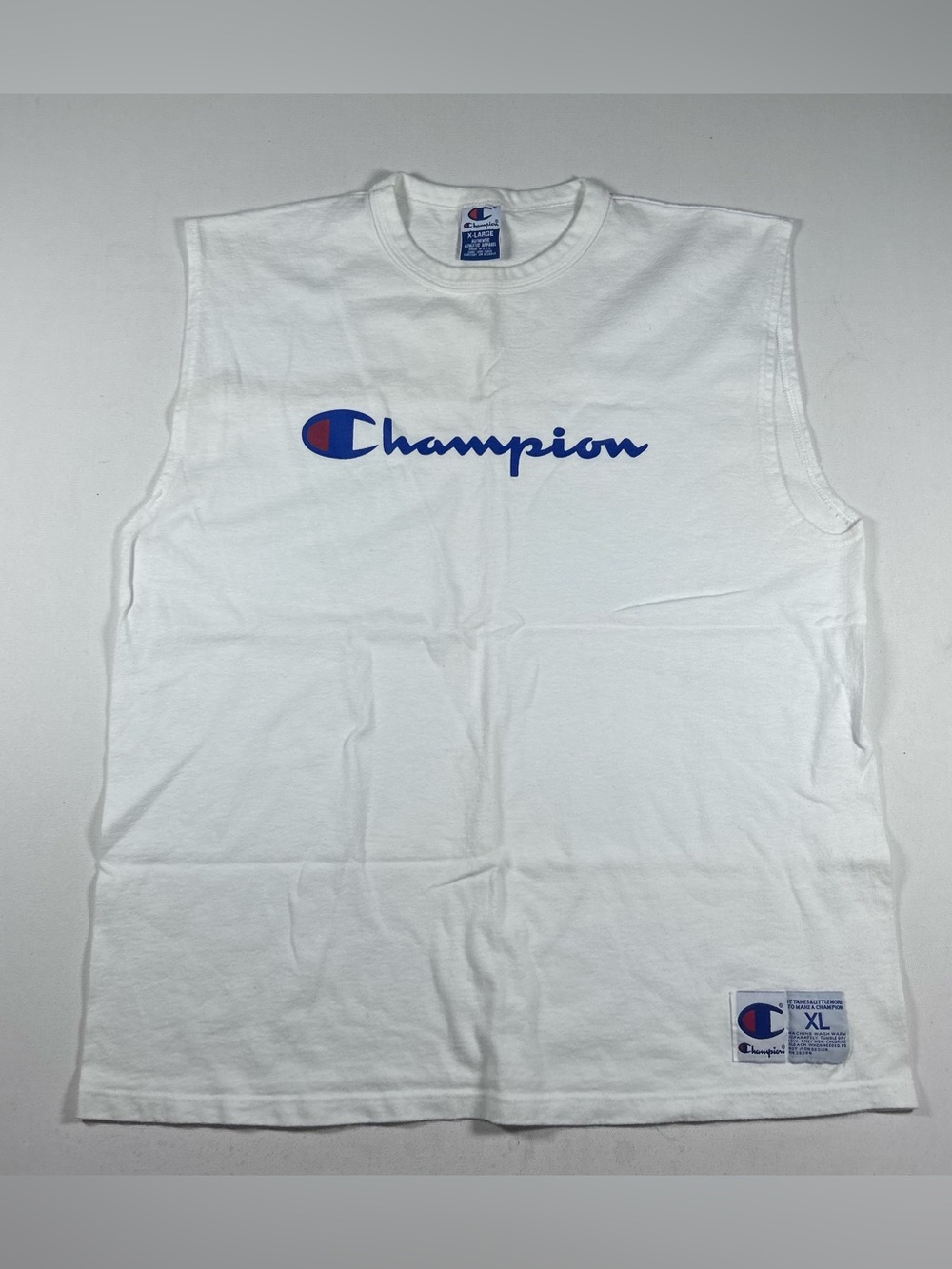 Vintage 90s Champion Tank Top XL White Sleeveless Shirt Center Logo Made USA